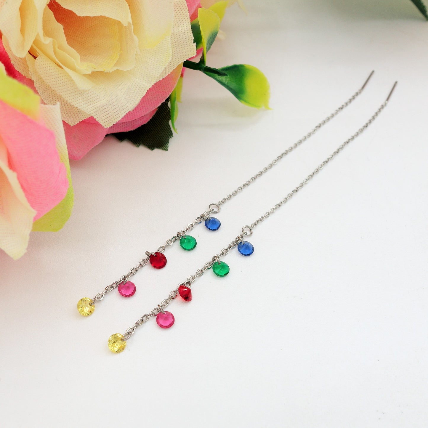 Whitney RAINBOW - Acciaio inossidabile ~ PAIO Orecchini filo pendenti con cubic zirconia - Ear Threader - Saliscendi