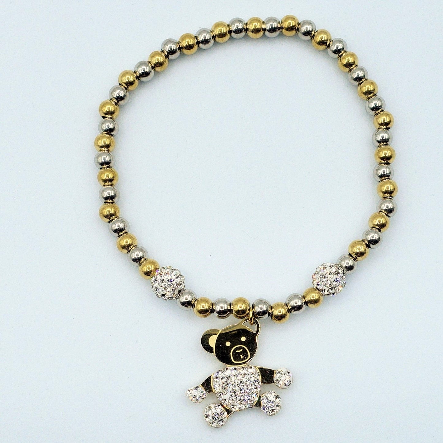 COCO~ ACCIAIO INOSSIDABILE- Bracciale elastico con ciondoli ORSO e CUBIC ZIRCONIA