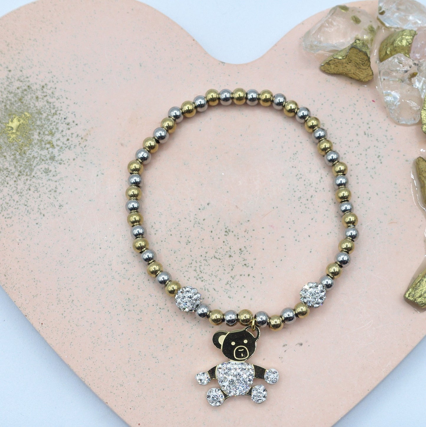 COCO~ ACCIAIO INOSSIDABILE- Bracciale elastico con ciondoli ORSO e CUBIC ZIRCONIA