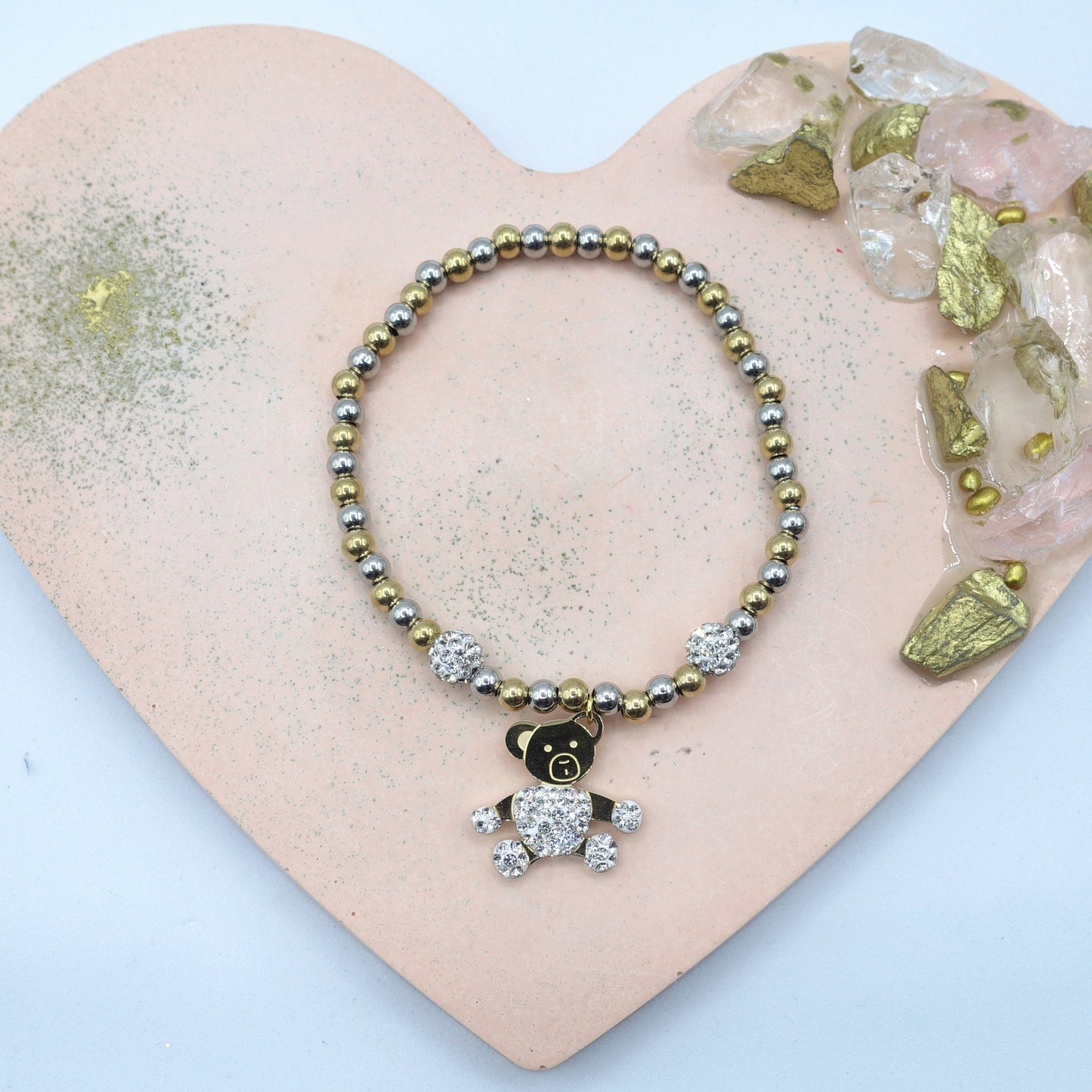 COCO~ ACCIAIO INOSSIDABILE- Bracciale elastico con ciondoli ORSO e CUBIC ZIRCONIA