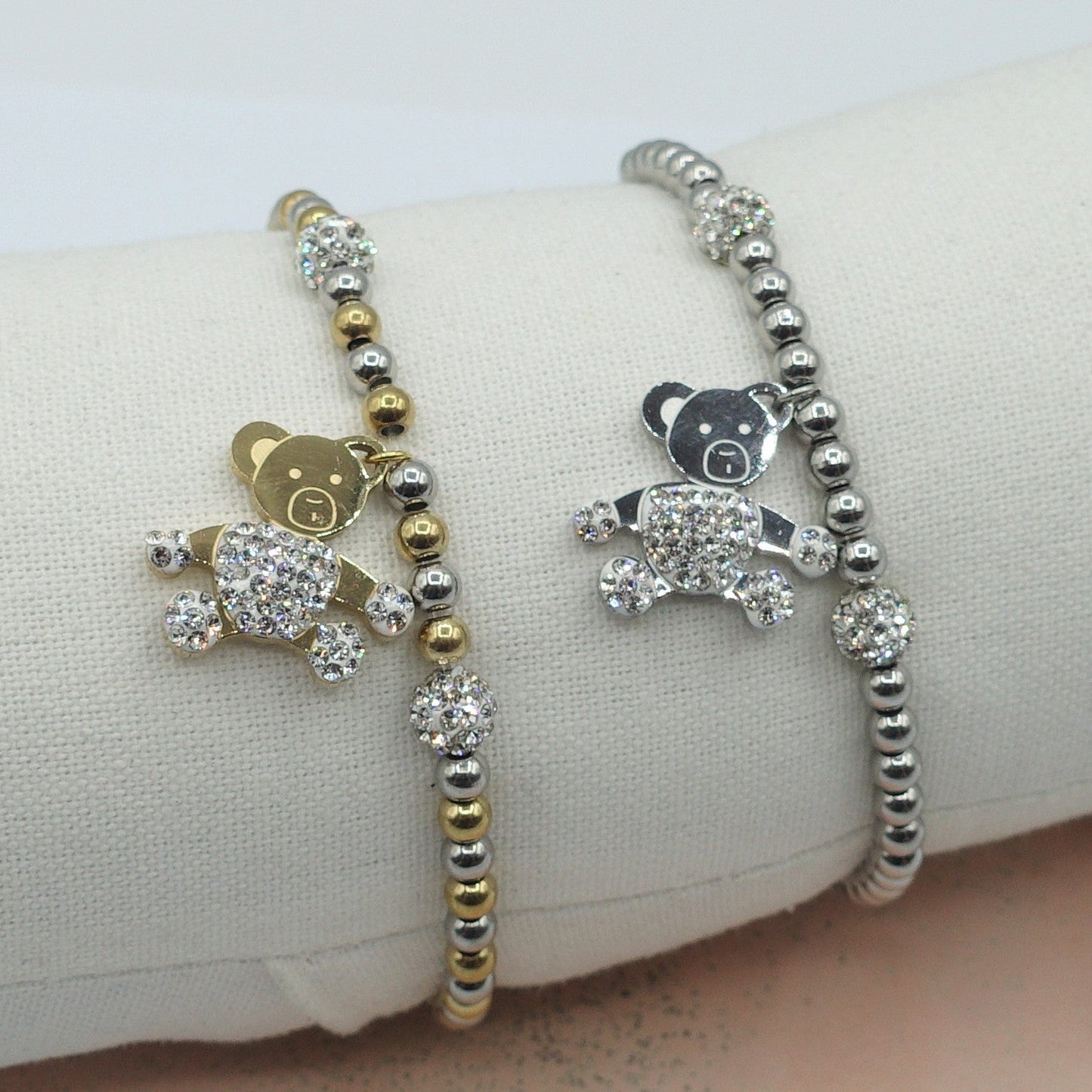 COCO~ ACCIAIO INOSSIDABILE- Bracciale elastico con ciondoli ORSO e CUBIC ZIRCONIA