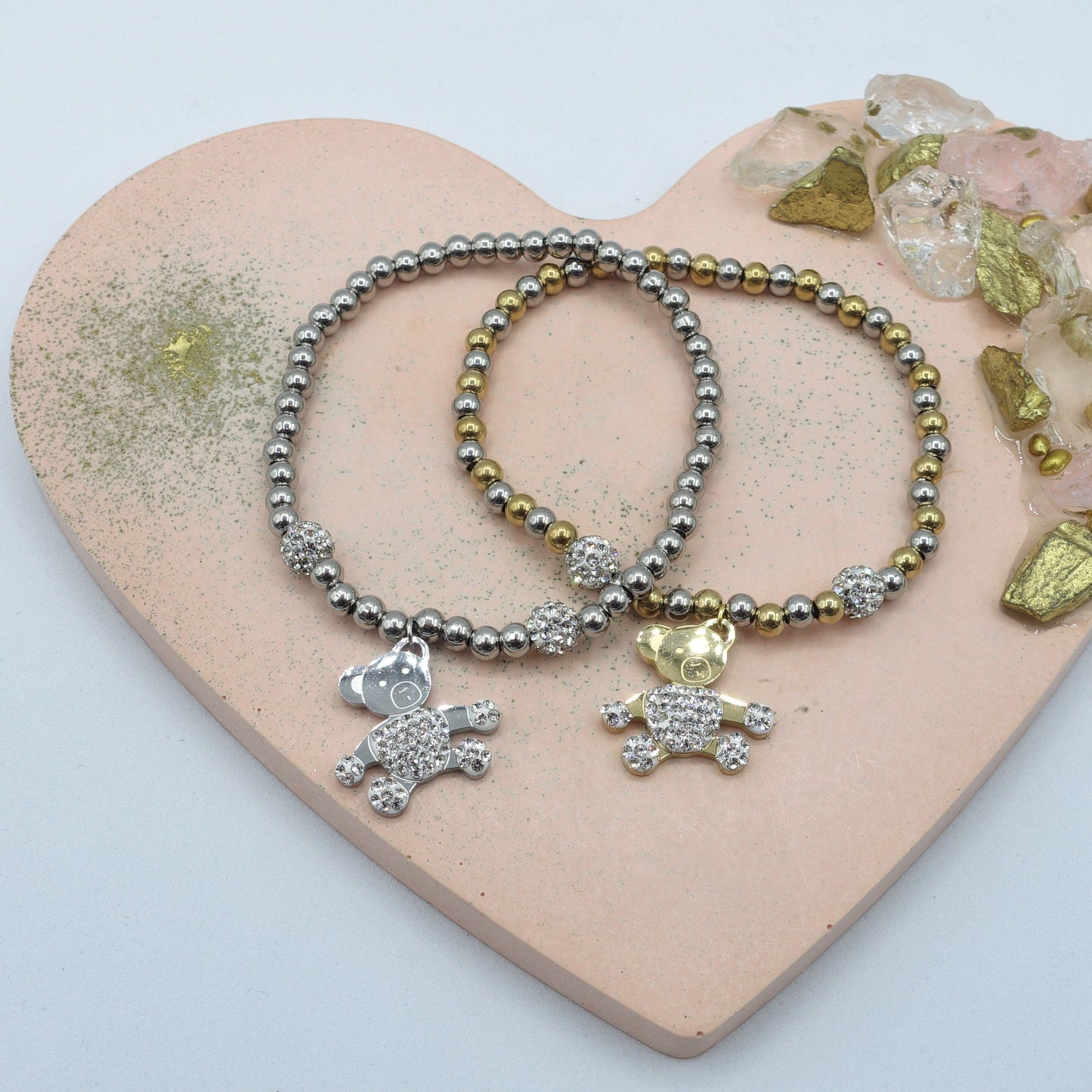 COCO~ ACCIAIO INOSSIDABILE- Bracciale elastico con ciondoli ORSO e CUBIC ZIRCONIA