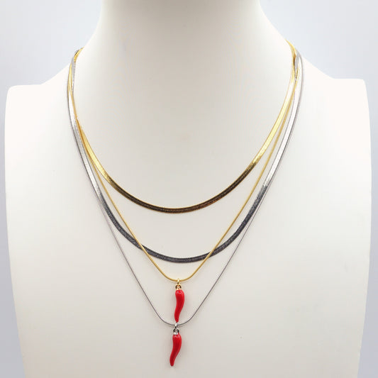 LUCKY ~ ACCIAIO INOSSIDABILE - Collana doppia con ciondolo cornetto portafortuna