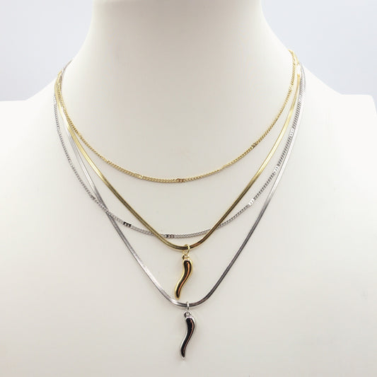 Golden LUCKY ~ ACCIAIO INOSSIDABILE - Collana doppia con ciondolo cornetto portafortuna