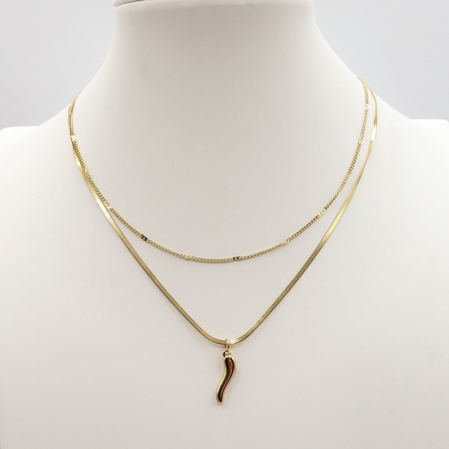 Golden LUCKY ~ ACCIAIO INOSSIDABILE - Collana doppia con ciondolo cornetto portafortuna