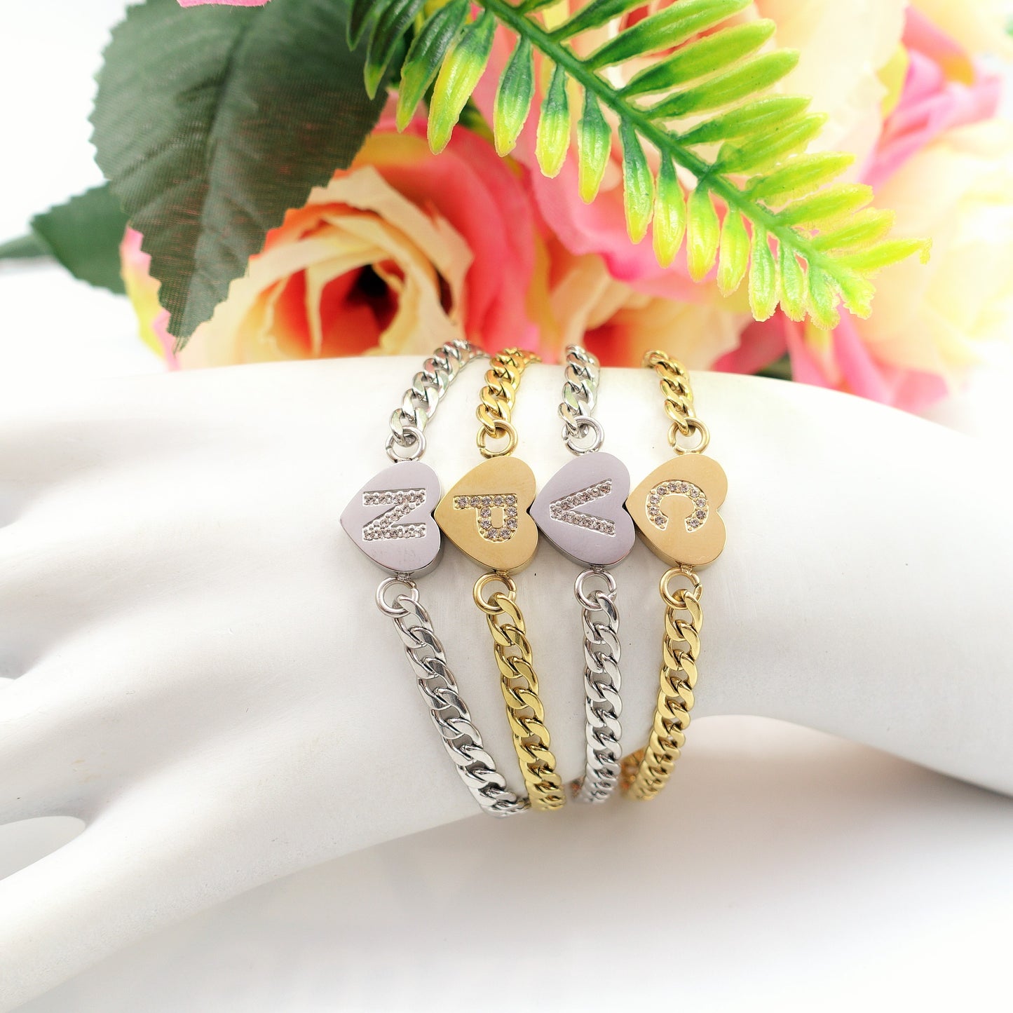 CORA - Bracciale cuore e INIZIALE Zirconata Acciaio inossidabile