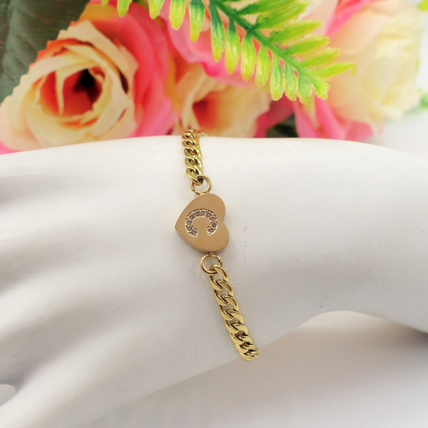 CORA - Bracciale cuore e INIZIALE Zirconata Acciaio inossidabile
