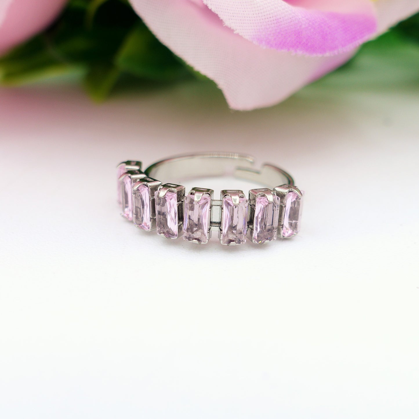 JULIANNE ~ Anello regolabile in ACCIAIO INOSSIDABILE con CUBIC ZIRCONIA taglio baguette