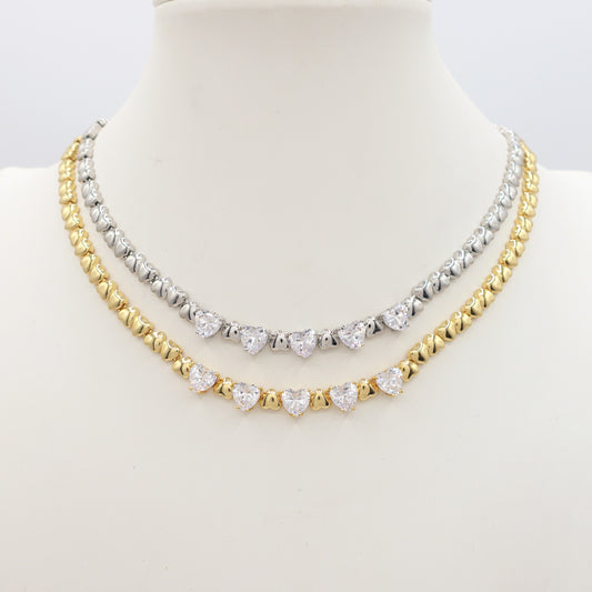 CLAIRE - Collier Tennis - Collana con cuoricini bombè e Cubic Zirconia a forma di cuore