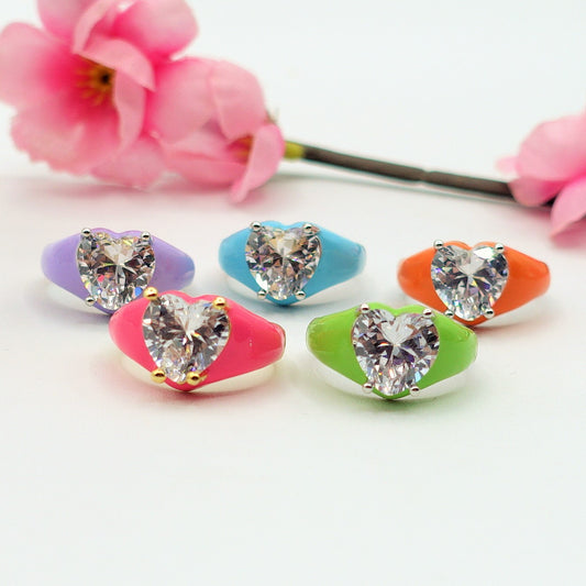 ISABELLE FLUO ~ Anello a cuore Smaltato con Cubic Zirconia- Regolabile