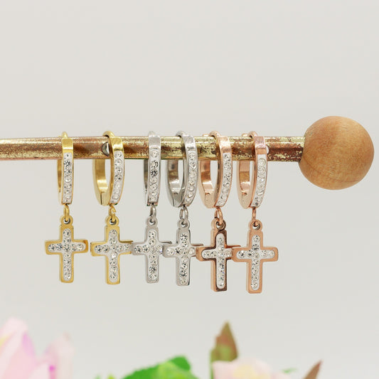CROSS HOOPS - ACCIAIO INOSSIDABILE ~ Paio Orecchini mini cerchi con croce zirconata