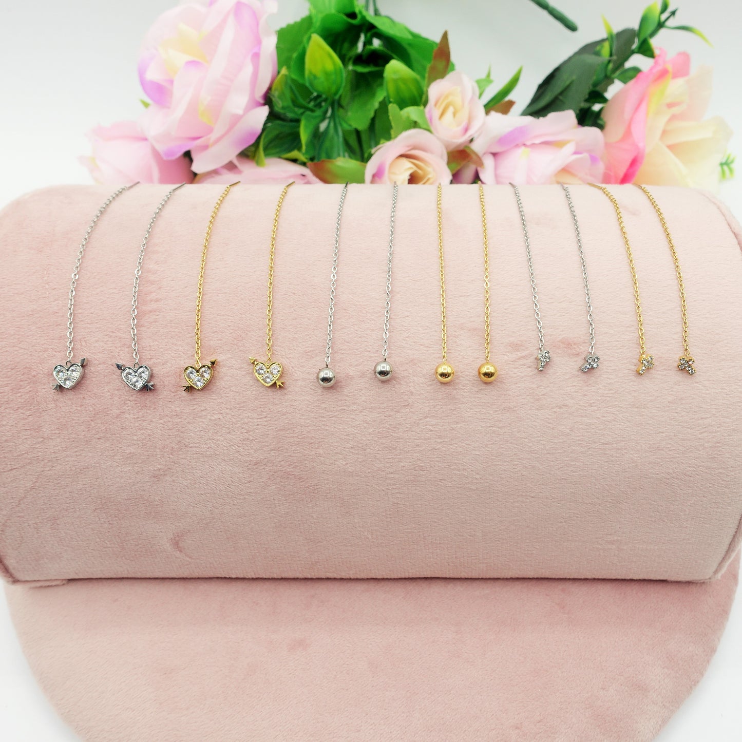 PIERCED HEART - ACCIAIO inossidabile ~ Paio Orecchini filo pendenti con cubic zirconia - saliscendi