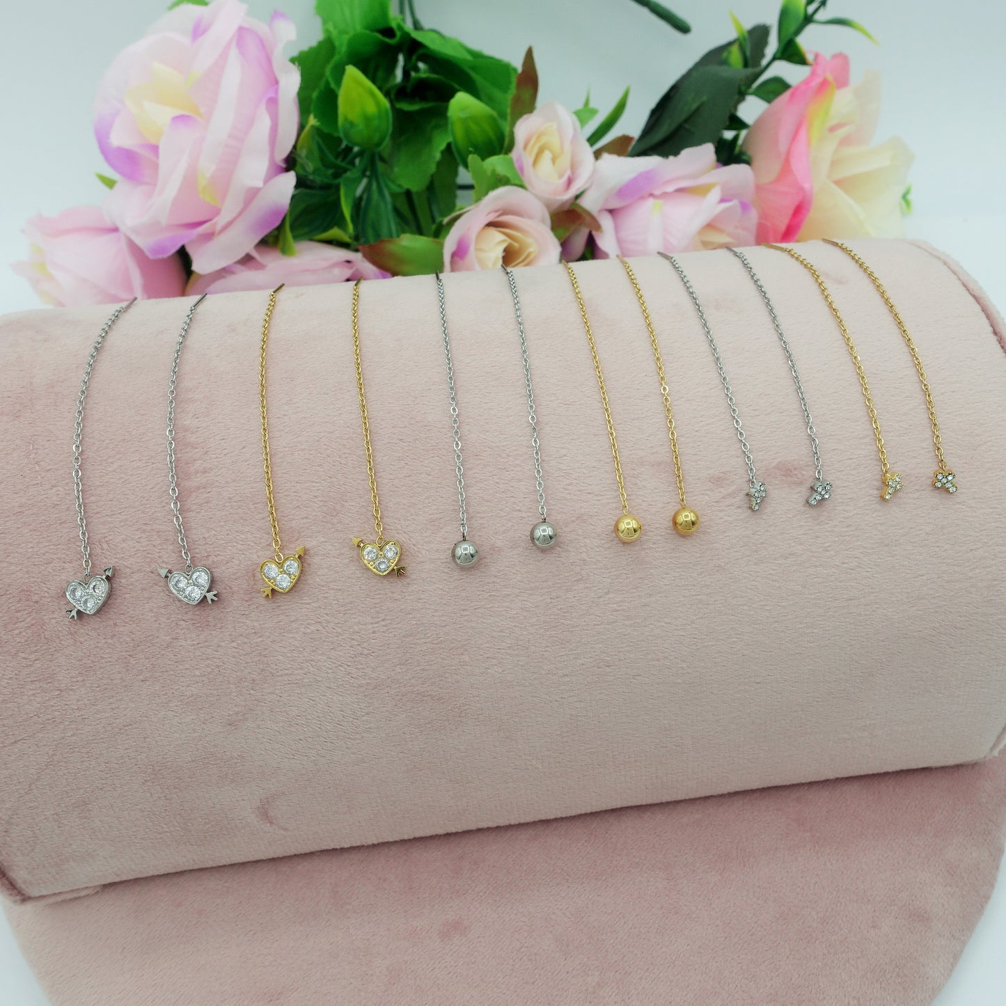 PIERCED HEART - ACCIAIO inossidabile ~ Paio Orecchini filo pendenti con cubic zirconia - saliscendi