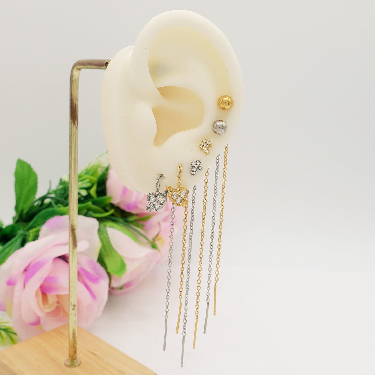 PIERCED HEART - ACCIAIO inossidabile ~ Paio Orecchini filo pendenti con cubic zirconia - saliscendi