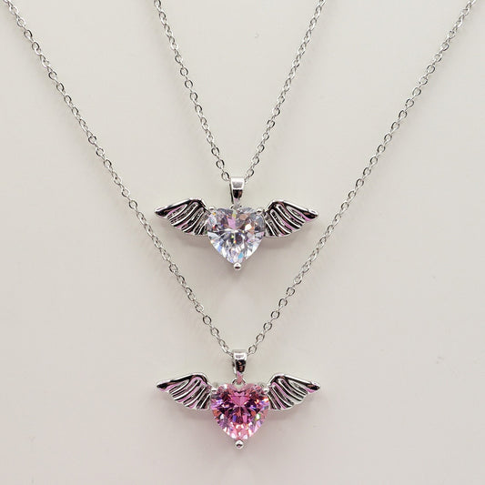 ANGEL - ACCIAIO INOSSIDABILE- collana con pendente CUORE con ali in cubic zirconia