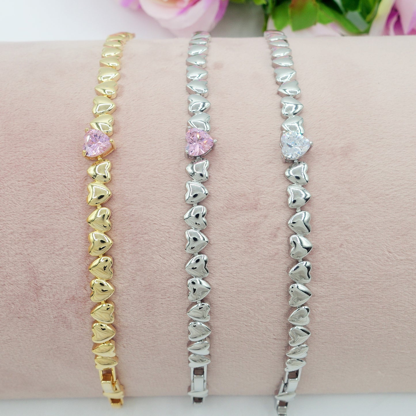 CLAIRE Single Heart - Bracciale Tennis con cuoricini bombè e Cubic Zirconia a forma di cuore
