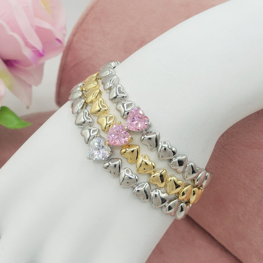 CLAIRE Single Heart - Bracciale Tennis con cuoricini bombè e Cubic Zirconia a forma di cuore