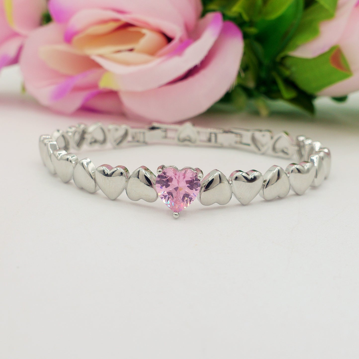 CLAIRE Single Heart - Bracciale Tennis con cuoricini bombè e Cubic Zirconia a forma di cuore