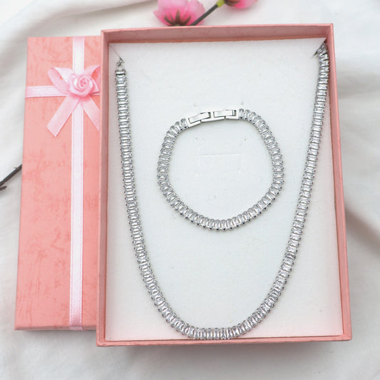 JULIANNE~ THE SET-2 PCS STAINLESS STEEL baguette shaped zirconia choker+baguette tennis bracelet