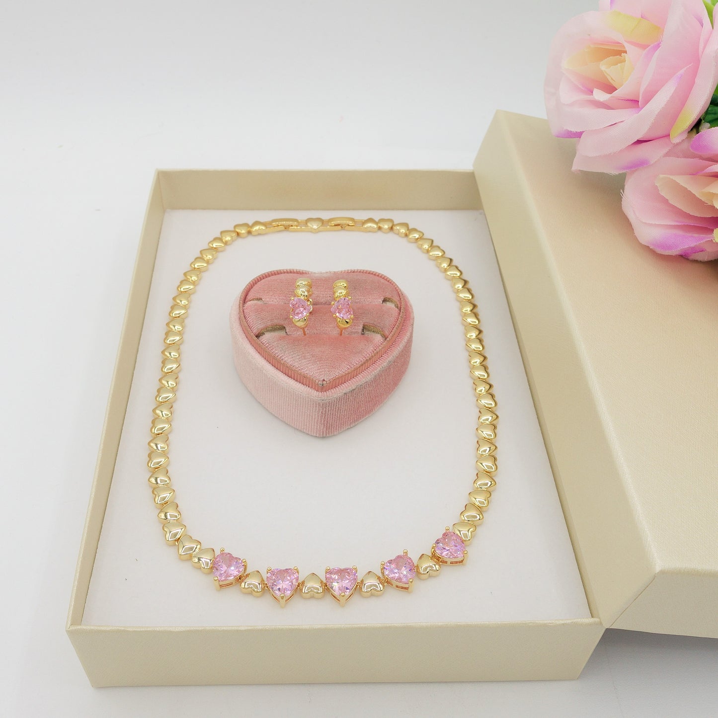 SET CLAIRE pink 3 pz. - Collier Tennis + Orecchini mini cerchi + bracciale Tennis
