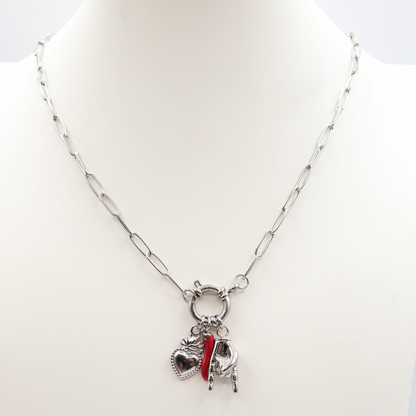 MEGA LUCKY ~ ACCIAIO INOSSIDABILE - Collana catena paperclip con ciondoli scaramantici
