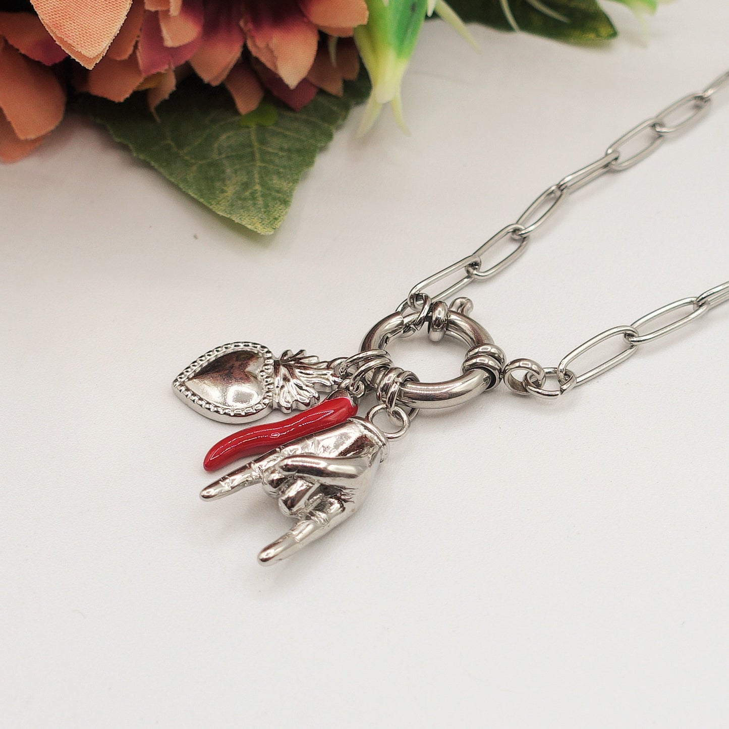 MEGA LUCKY ~ ACCIAIO INOSSIDABILE - Collana catena paperclip con ciondoli scaramantici