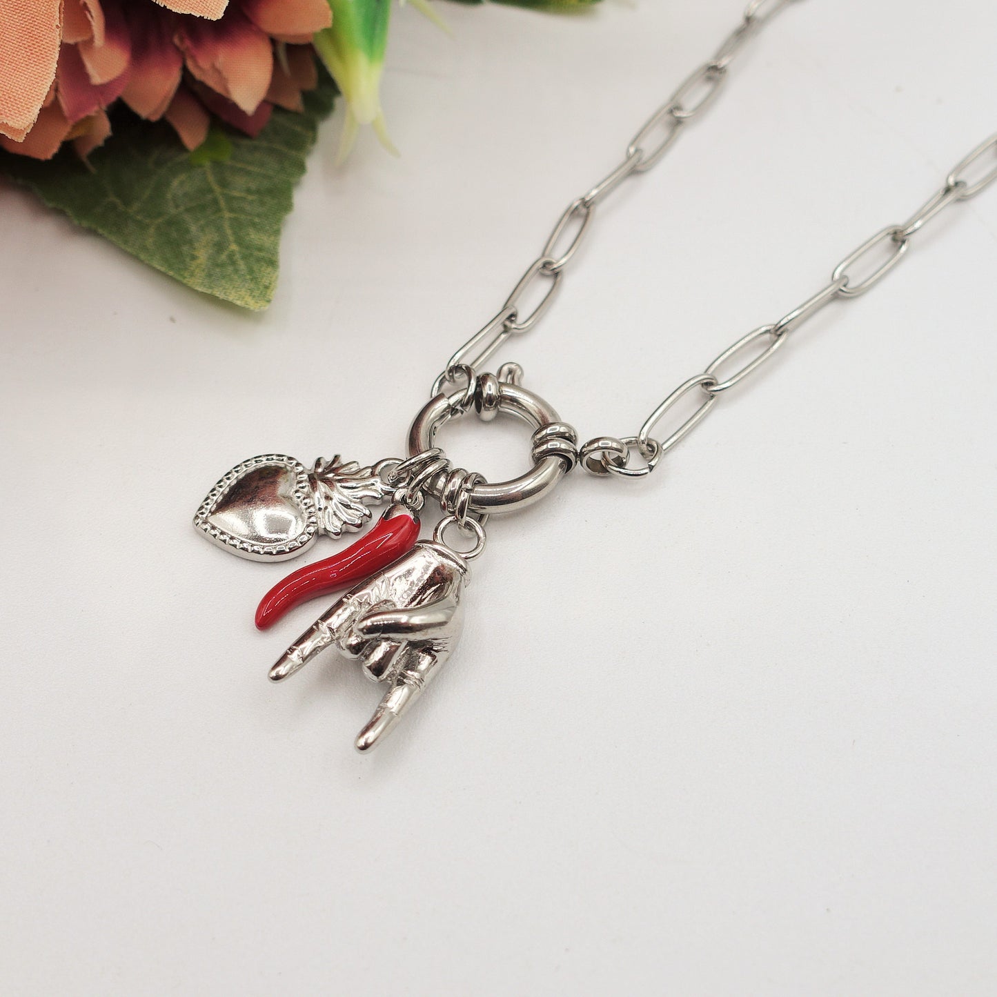 MEGA LUCKY ~ ACCIAIO INOSSIDABILE - Collana catena paperclip con ciondoli scaramantici