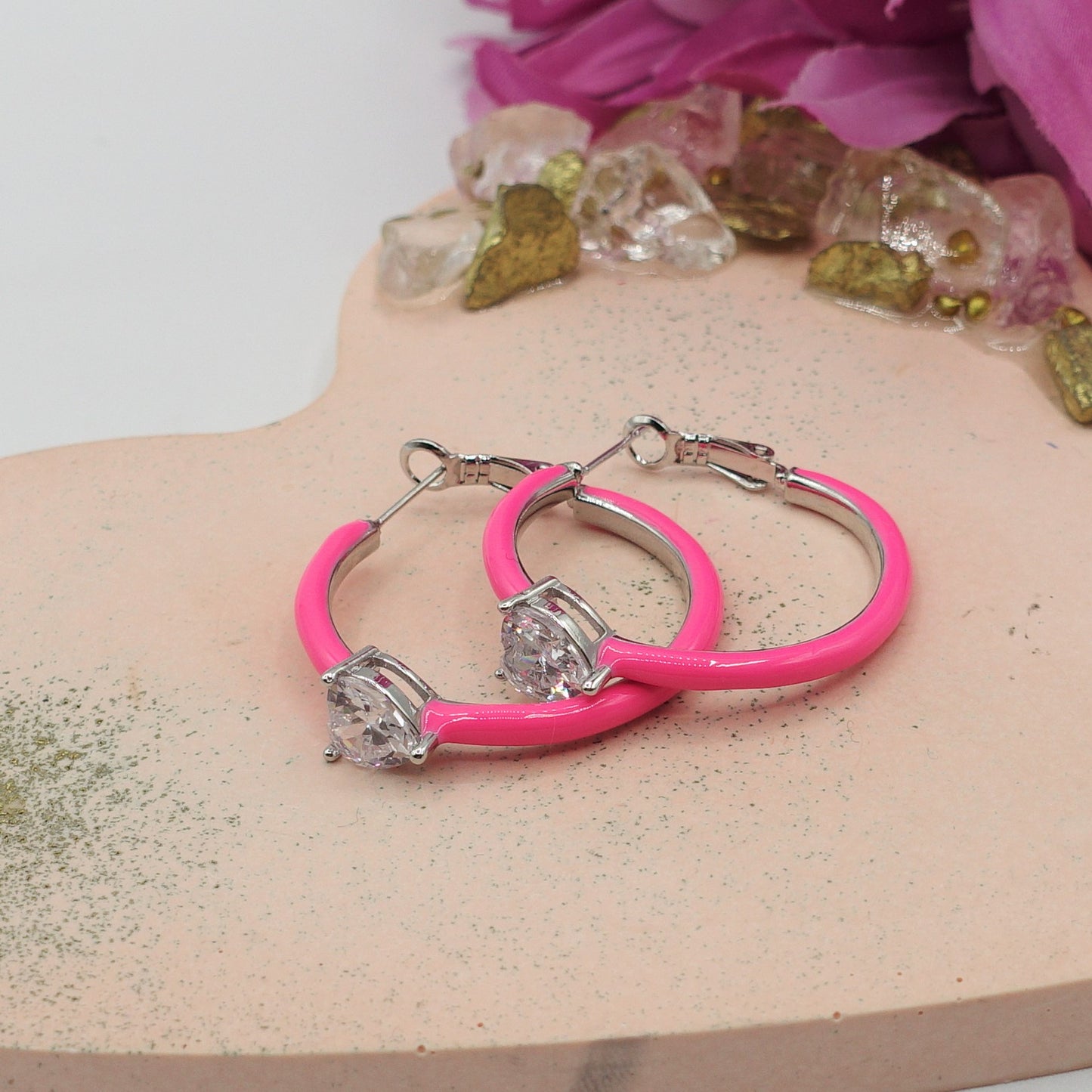 CHERIE FLUO - BIG hoops - orecchini a cerchio smaltati con cubic zirconia a forma di cuore
