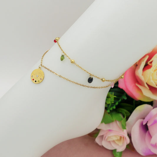 NIHAN ~ Cavigliera con ciondoli e occhio portafortuna in ACCIAIO INOSSIDABILE