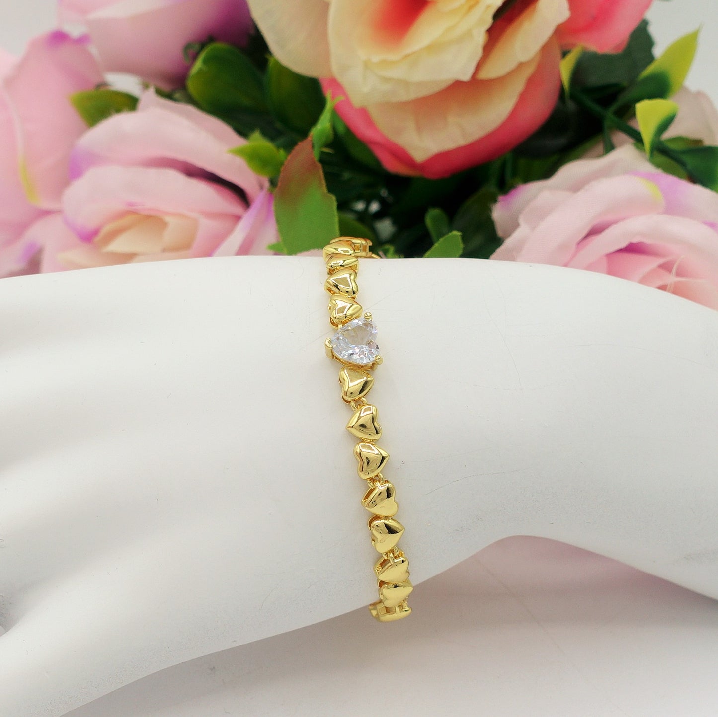 CLAIRE Single Heart - Bracciale Tennis con cuoricini bombè e Cubic Zirconia a forma di cuore