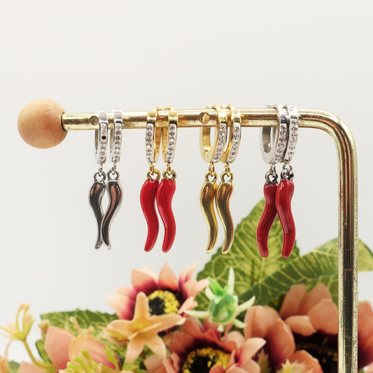 LUCKY- acciaio inossidabile - Paio Orecchini cornetto con Cubic Zirconia