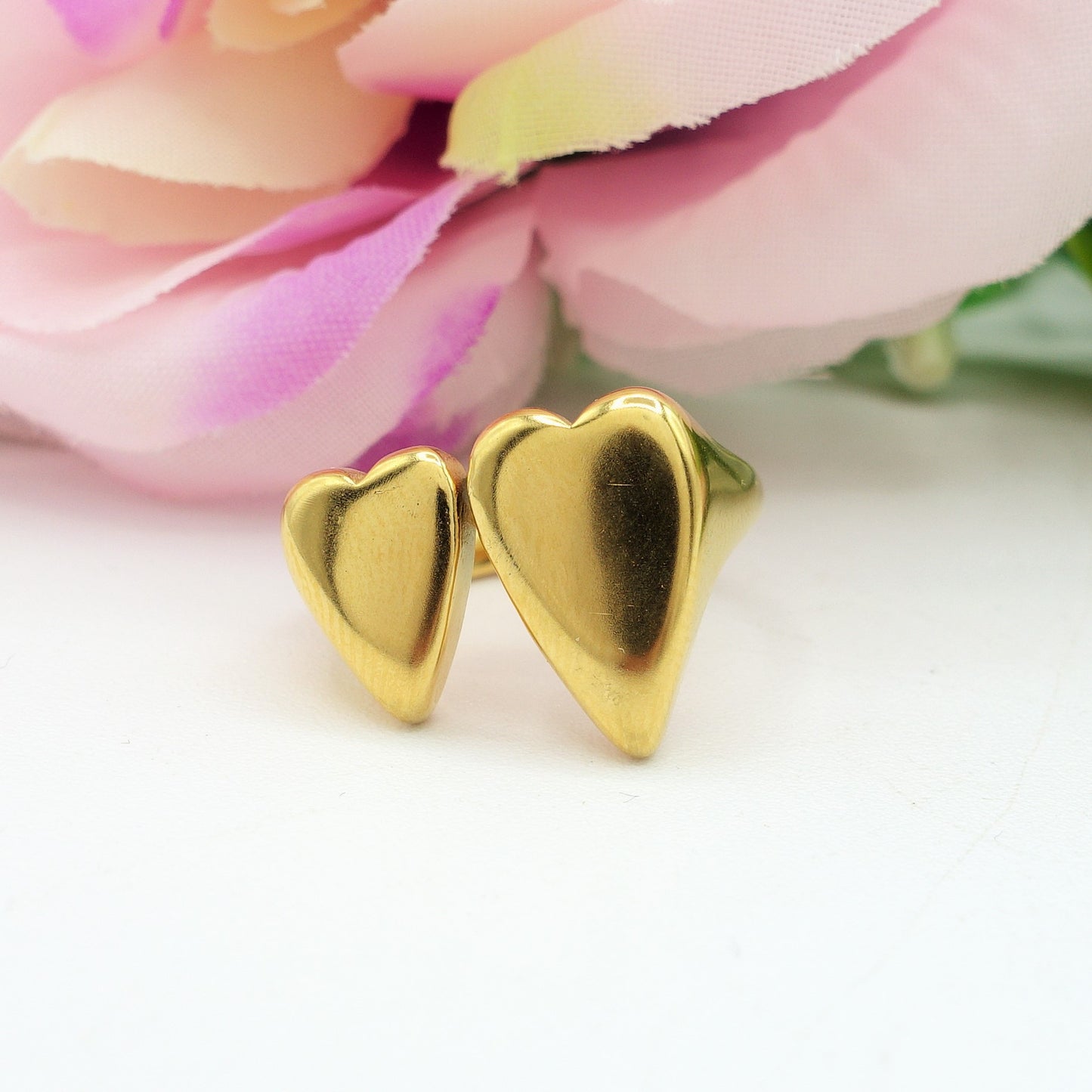 JESSICA ~ Anello doppio cuore bombato regolabile in ACCIAIO INOSSIDABILE