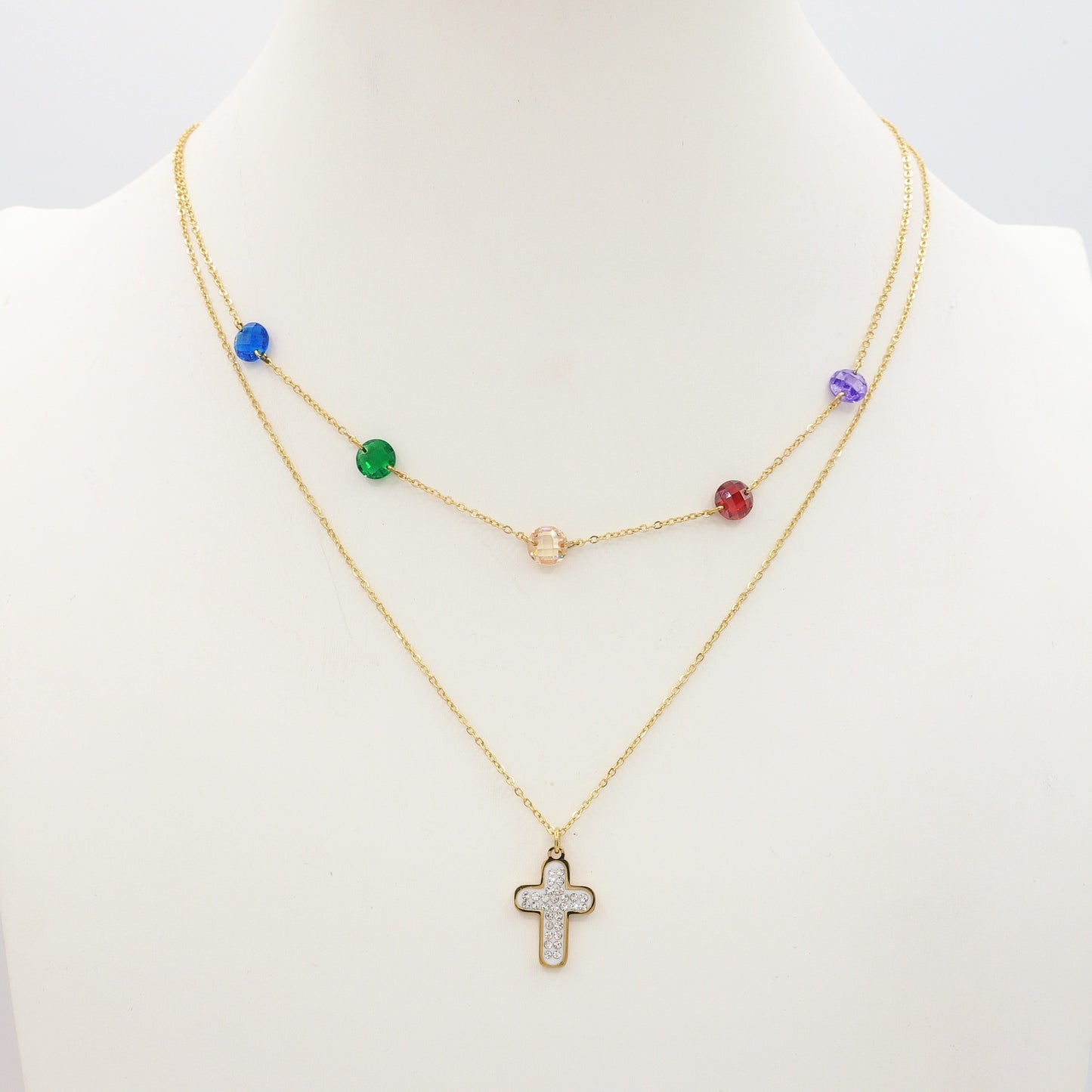 ODETTE ~ 2 in 1 Collana in ACCIAIO INOSSIDABILE doppia con croce e cristalli