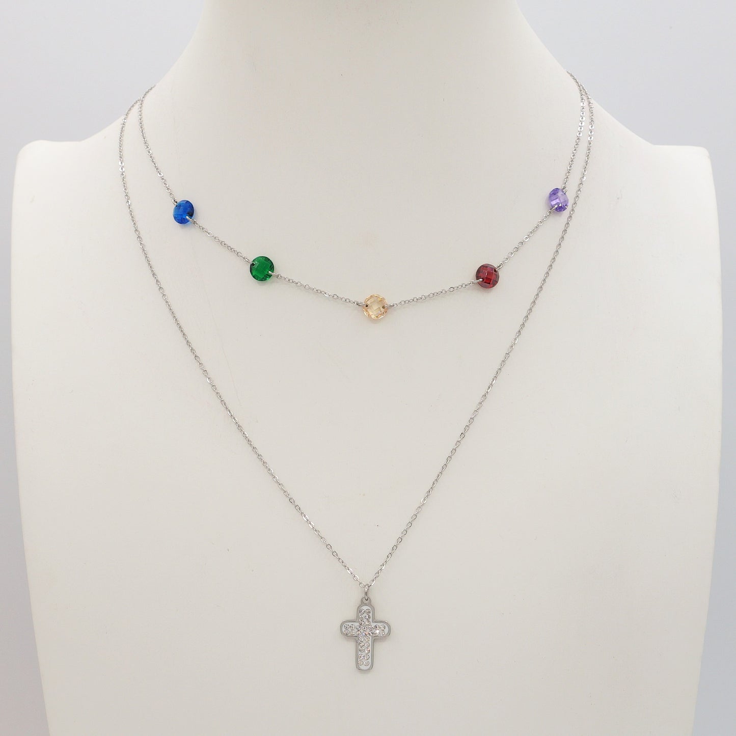 ODETTE ~ 2 in 1 Collana in ACCIAIO INOSSIDABILE doppia con croce e cristalli