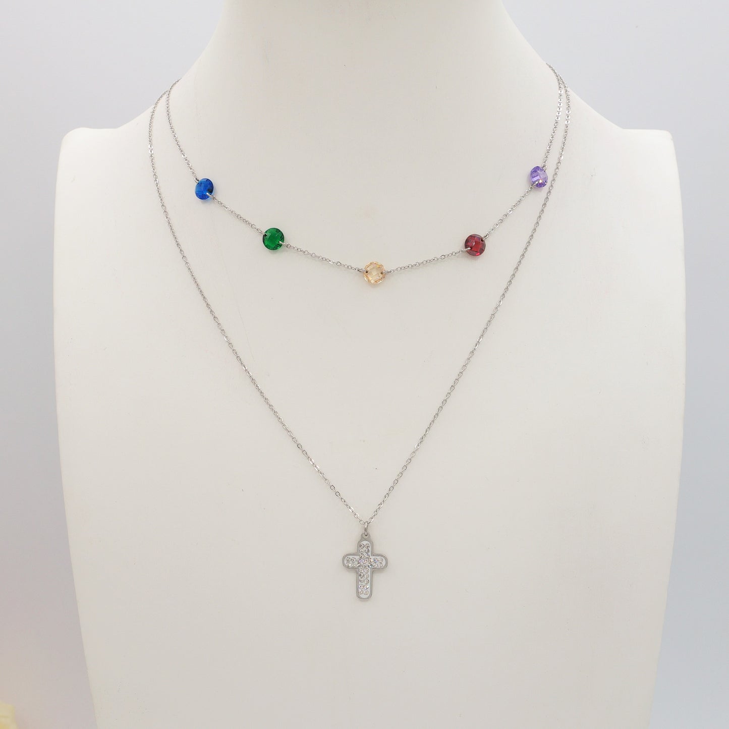 ODETTE ~ 2 in 1 Collana in ACCIAIO INOSSIDABILE doppia con croce e cristalli
