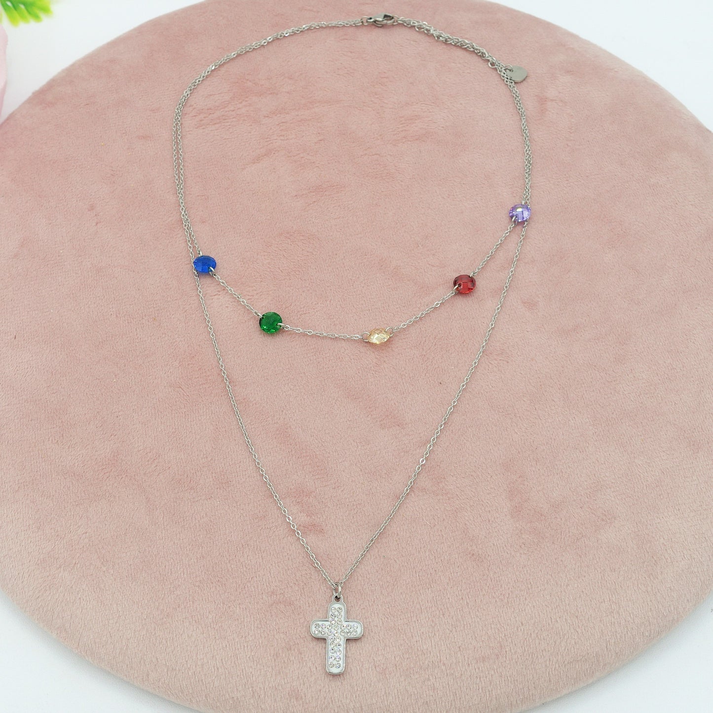 ODETTE ~ 2 in 1 Collana in ACCIAIO INOSSIDABILE doppia con croce e cristalli