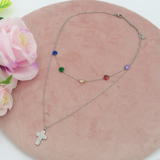 ODETTE ~ 2 in 1 Collana in ACCIAIO INOSSIDABILE doppia con croce e cristalli