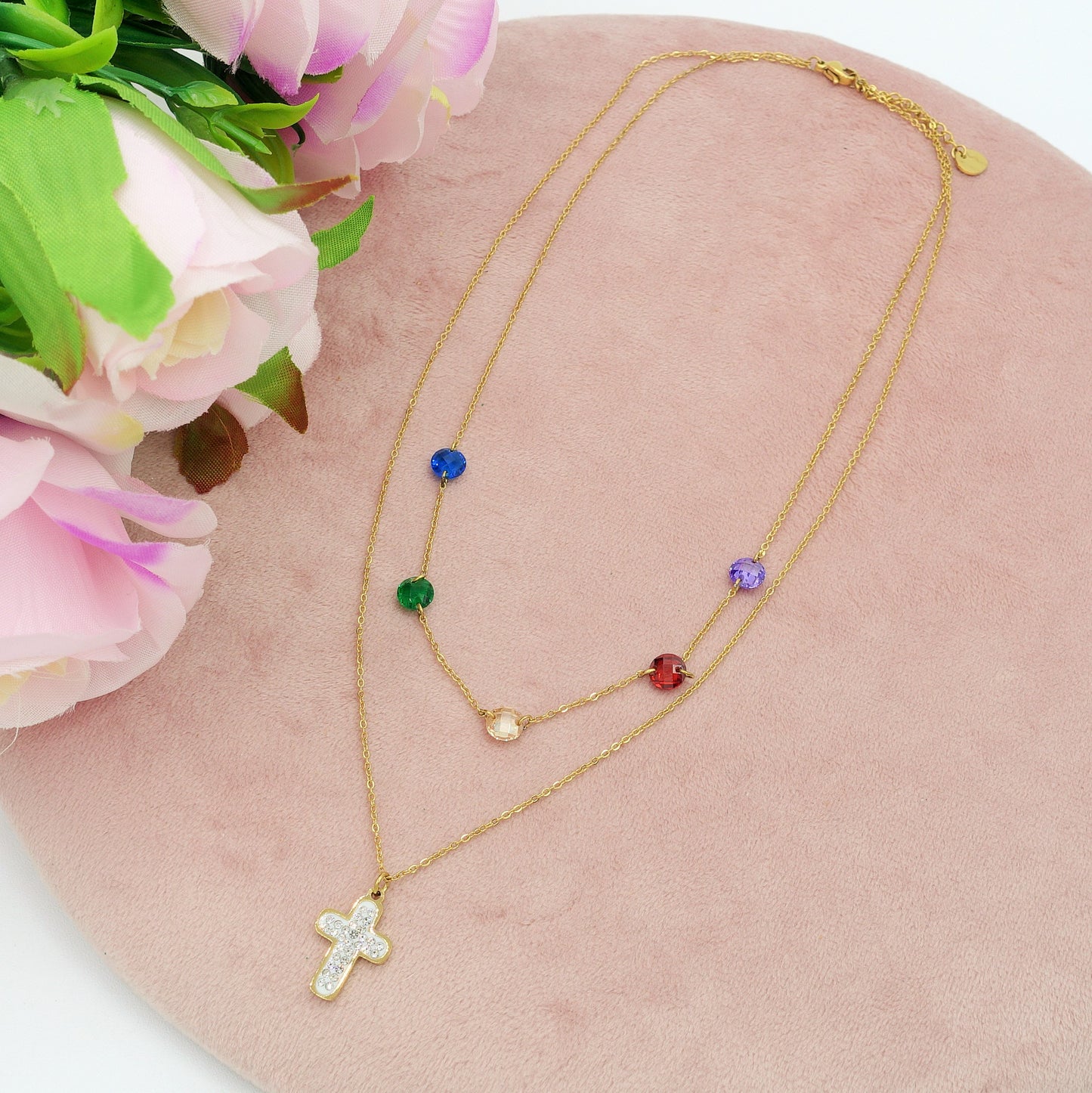 ODETTE ~ 2 in 1 Collana in ACCIAIO INOSSIDABILE doppia con croce e cristalli