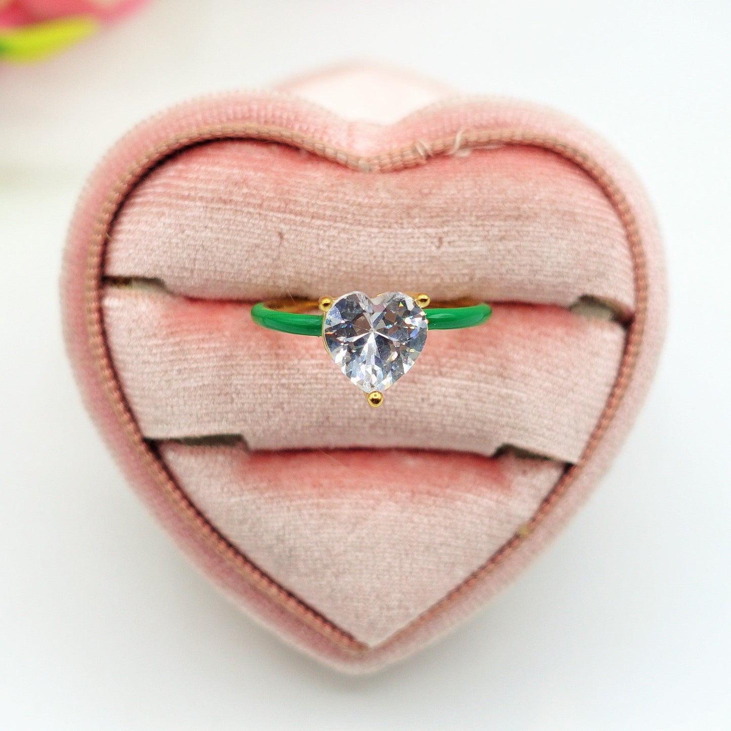 JADE FLUO ~Anello Smaltato ACCIAIO Inossidabile con cuore in zircone