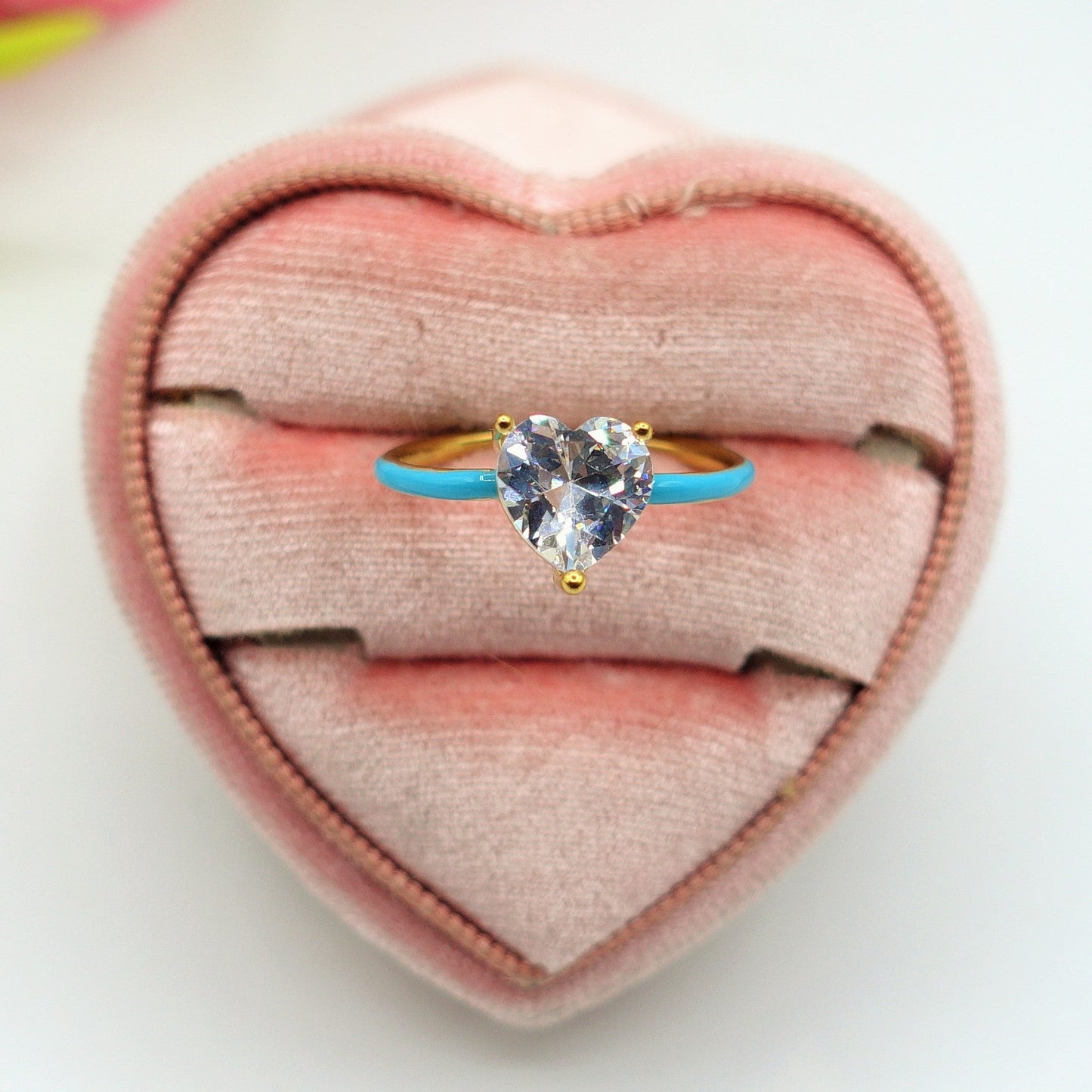 JADE FLUO ~Anello Smaltato ACCIAIO Inossidabile con cuore in zircone