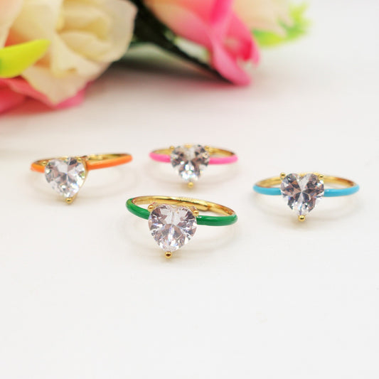 JADE FLUO ~Anello Smaltato ACCIAIO Inossidabile con cuore in zircone
