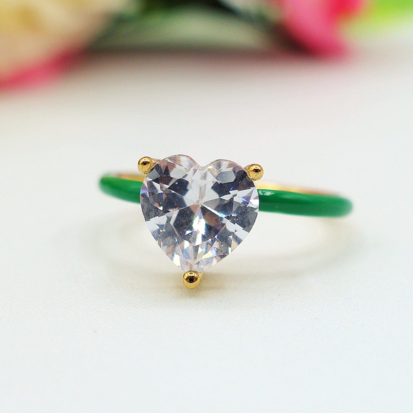 JADE FLUO ~Anello Smaltato ACCIAIO Inossidabile con cuore in zircone