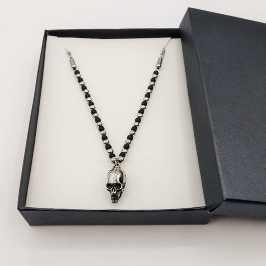 Collana pallini bruniti pendente SKULL uomo ACCIAIO
