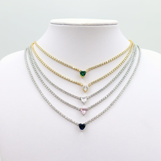 AURORA small ~ ACCIAIO INOSSIDABILE -Collana tennis in cubic zirconia con cuore centrale