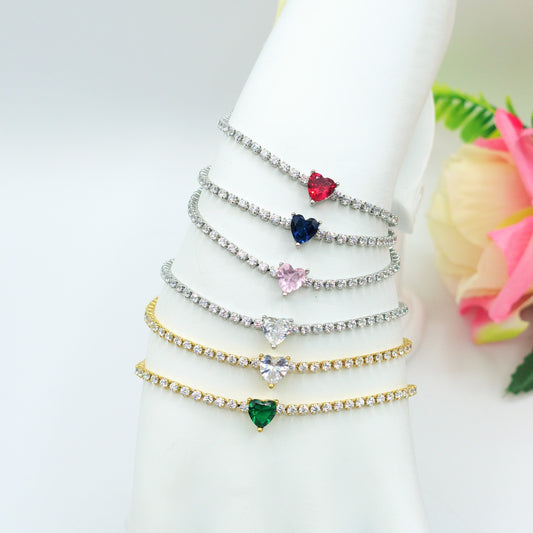AURORA small ~ ACCIAIO INOSSIDABILE - Bracciale tennis in cubic zirconia con cuore centrale