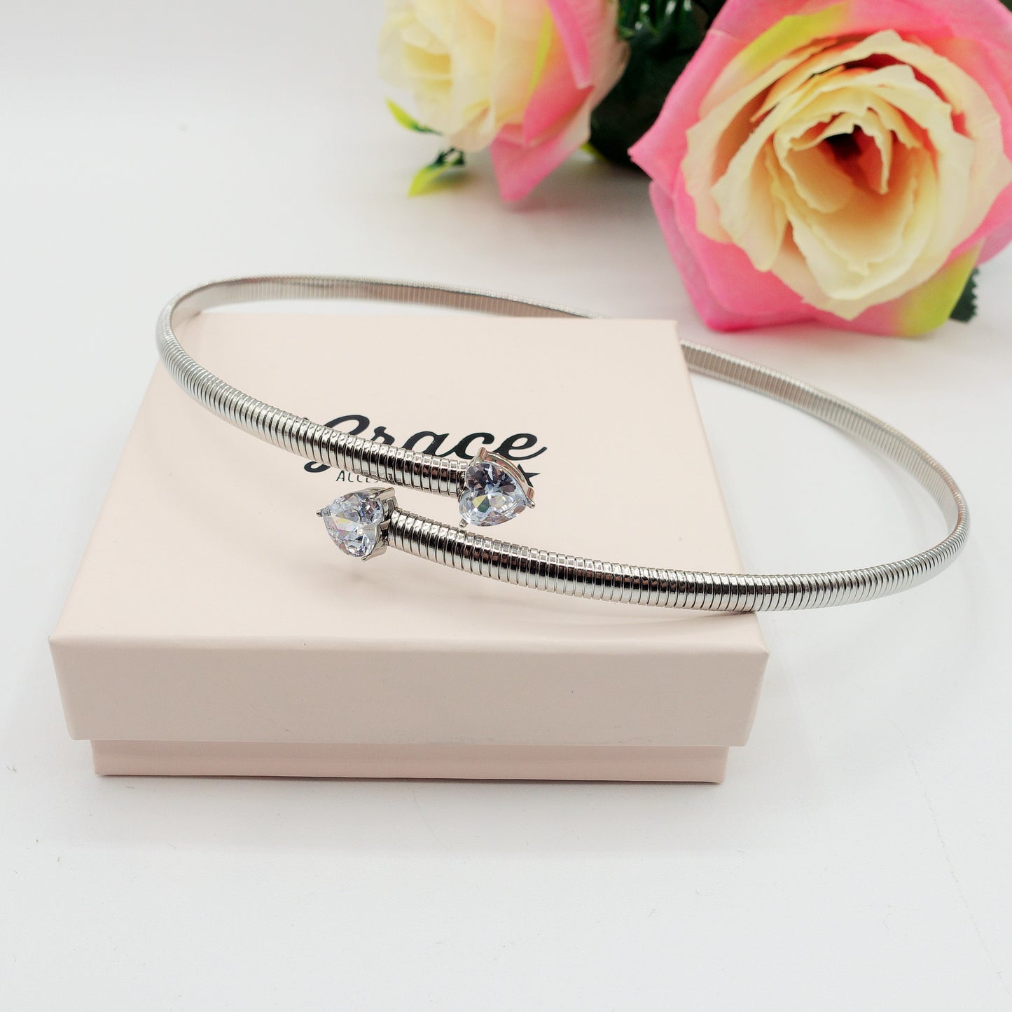 CASSANDRA HEARTS ~ Collana tubogas girocollo ACCIAIO inossidabile e cubic zirconia