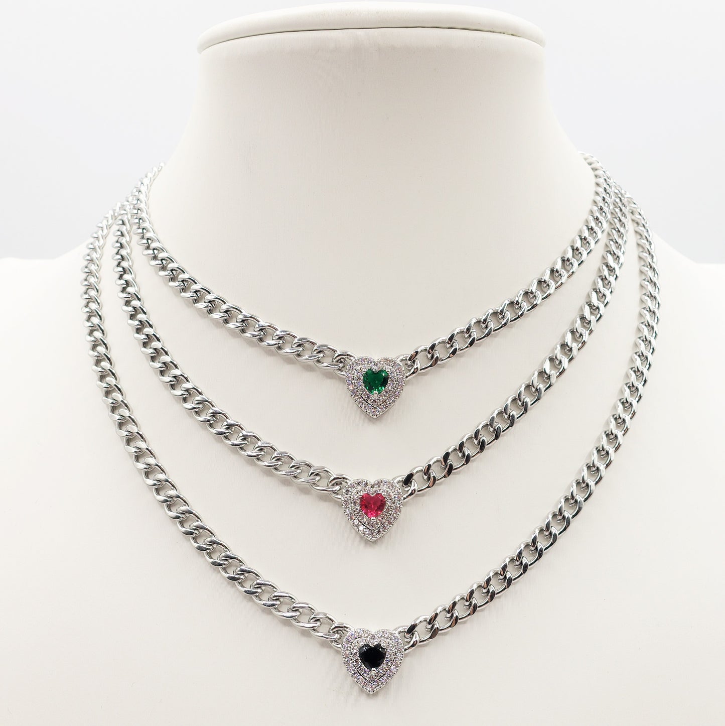 JASMINE ~ ACCIAIO INOSSIDABILE - collana choker in catena con Cubic zirconia a forma di cuore