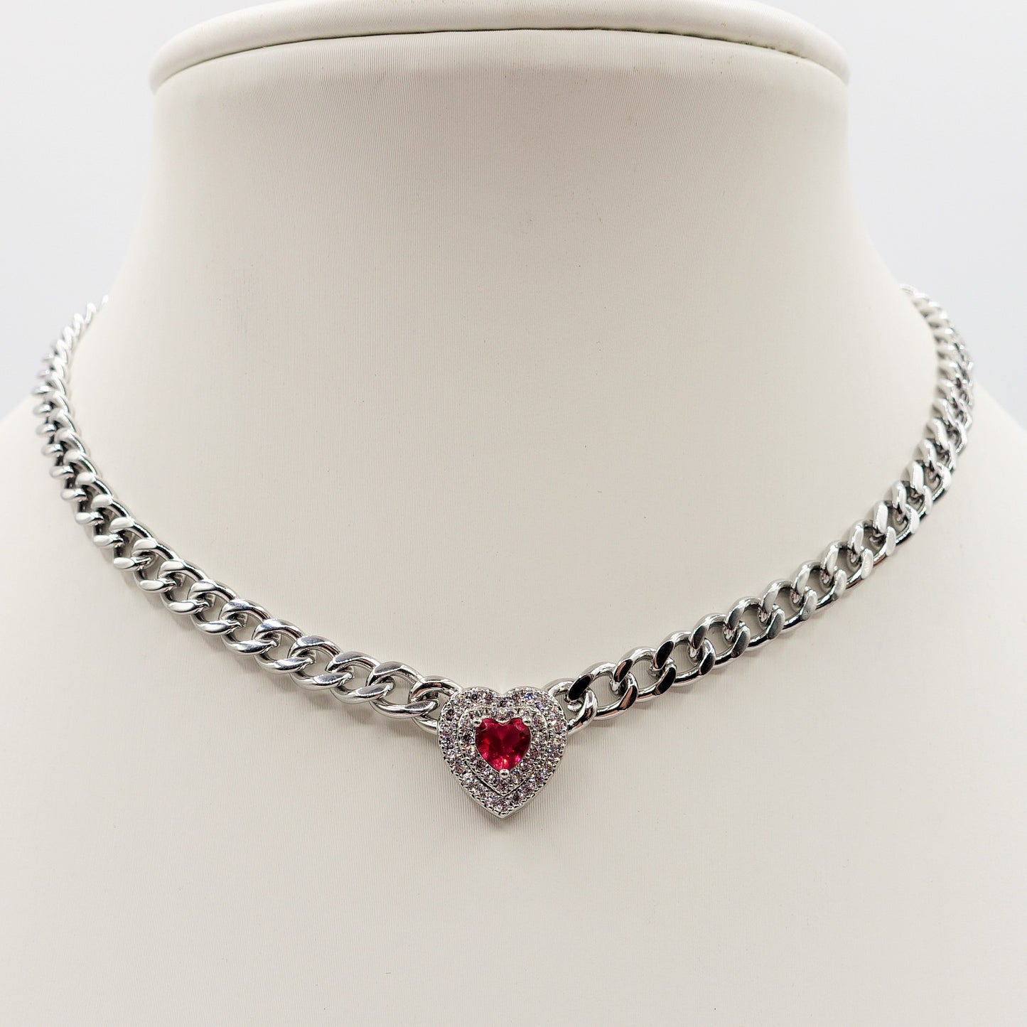 JASMINE ~ ACCIAIO INOSSIDABILE - collana choker in catena con Cubic zirconia a forma di cuore