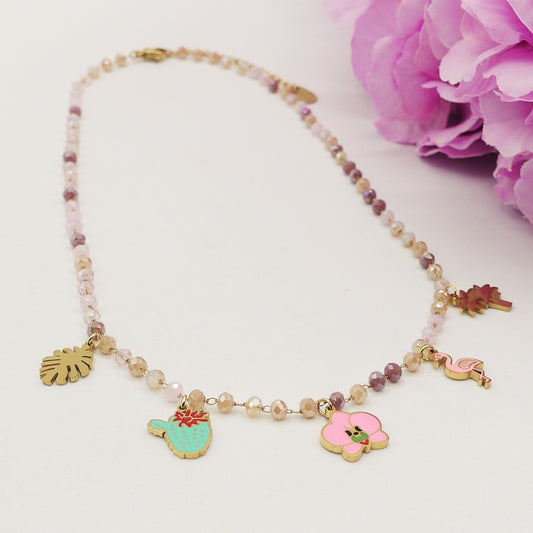 FLAMINGO ~ COLLANA ACCIAIO INOSSIDABILE con perline ciondoli