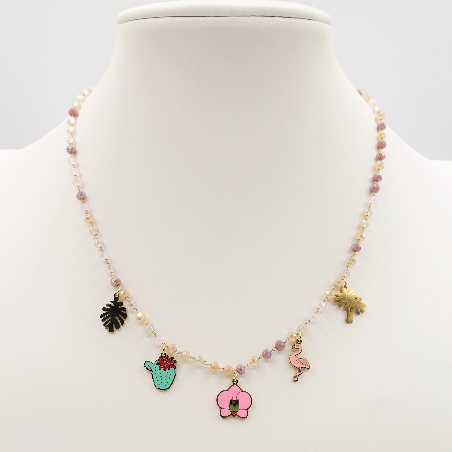 FLAMINGO ~ COLLANA ACCIAIO INOSSIDABILE con perline ciondoli